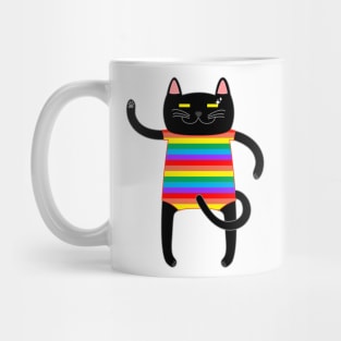 Black Cat Wearing a Rainbow Striped Onesie Mug